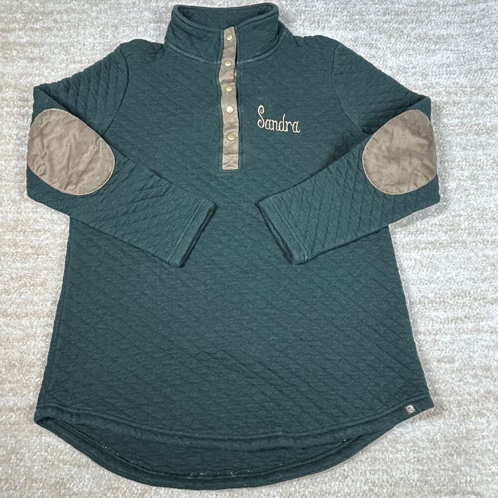MarleyLilly Pullover Womens L Quilted Mock Neck Snap Green Sandra Name SuedeTrim